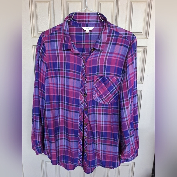 Terra Sky Shirt Plus Sz14W Plaid Pink/Purple Long Sleeves Collar/Cuff Pleat Back - Picture 1 of 10